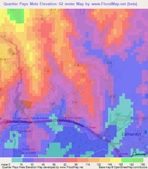 Quartier Pays Mele,Martinique Elevation Map