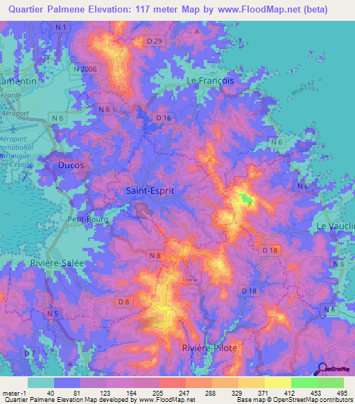 Quartier Palmene,Martinique Elevation Map