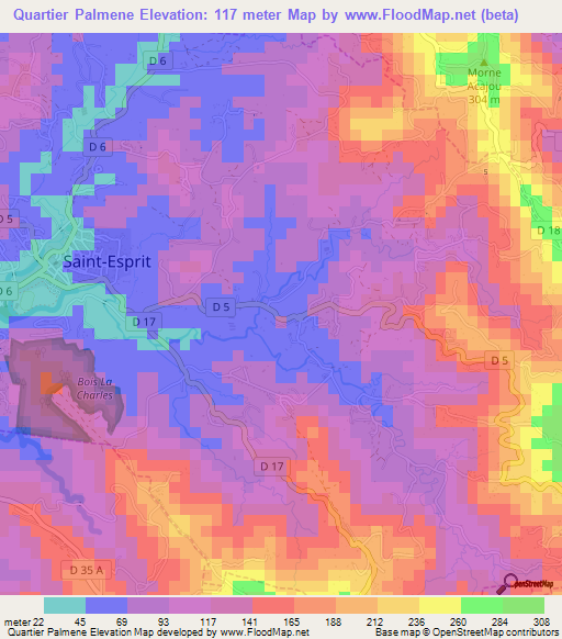 Quartier Palmene,Martinique Elevation Map