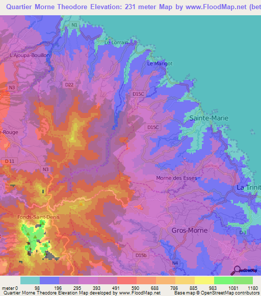 Quartier Morne Theodore,Martinique Elevation Map