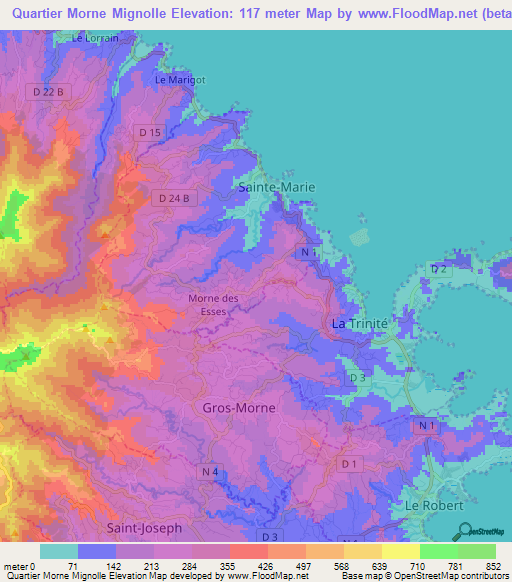 Quartier Morne Mignolle,Martinique Elevation Map