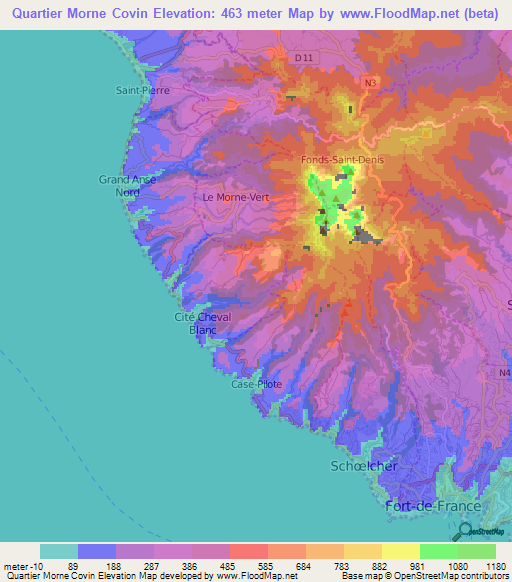 Quartier Morne Covin,Martinique Elevation Map