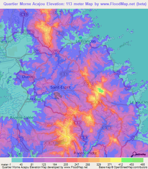 Quartier Morne Acajou,Martinique Elevation Map