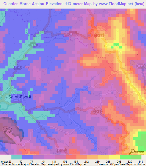 Quartier Morne Acajou,Martinique Elevation Map