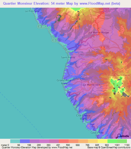 Quartier Monsieur,Martinique Elevation Map