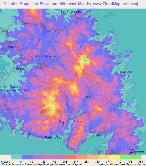 Quartier Monplaisir,Martinique Elevation Map