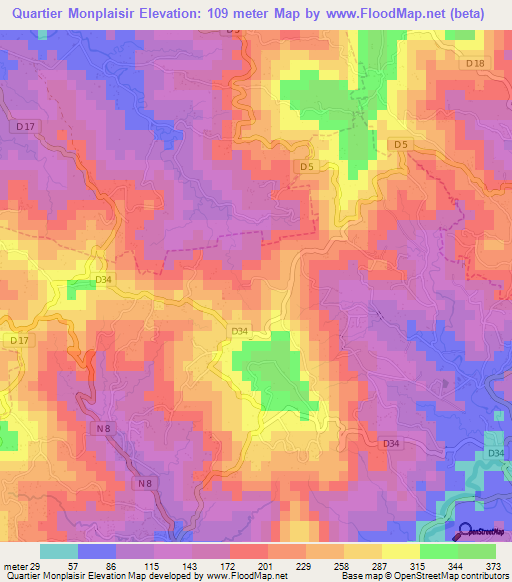 Quartier Monplaisir,Martinique Elevation Map