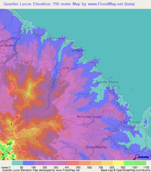 Quartier Lucon,Martinique Elevation Map