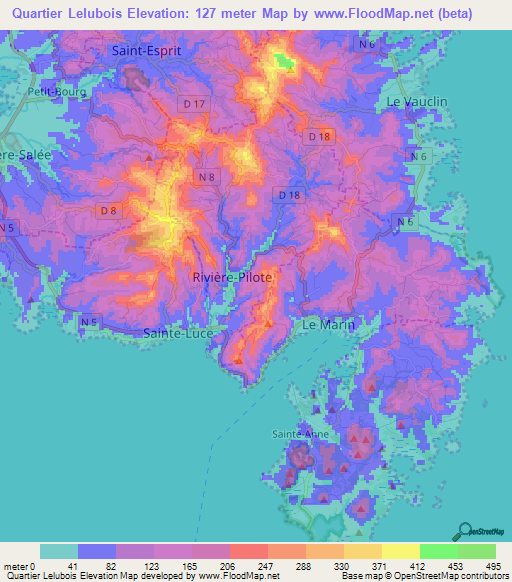 Quartier Lelubois,Martinique Elevation Map