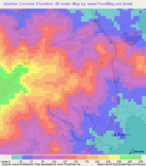 Quartier Lecomte,Martinique Elevation Map