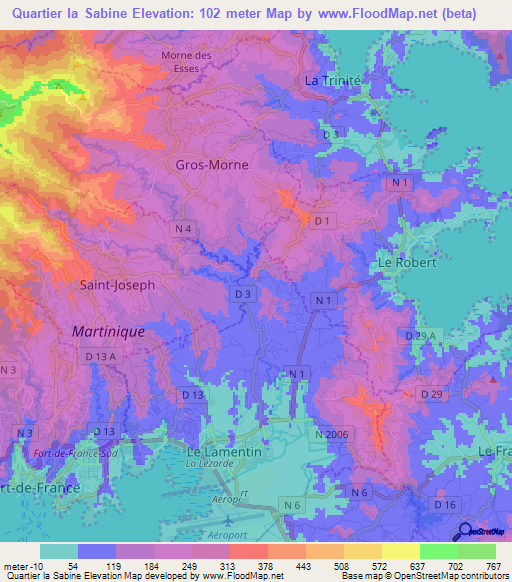 Quartier la Sabine,Martinique Elevation Map