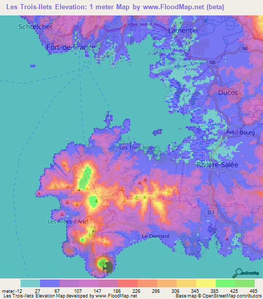 Les Trois-Ilets,Martinique Elevation Map