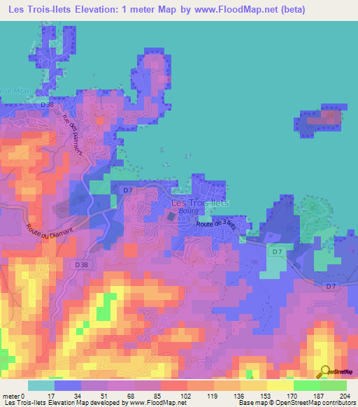 Les Trois-Ilets,Martinique Elevation Map