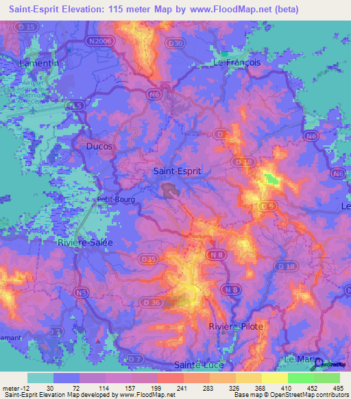 Saint-Esprit,Martinique Elevation Map