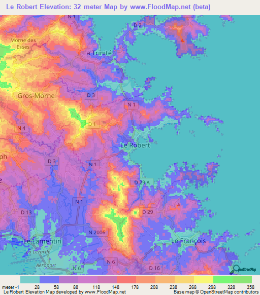 Le Robert,Martinique Elevation Map