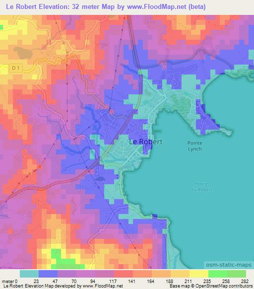 Le Robert,Martinique Elevation Map