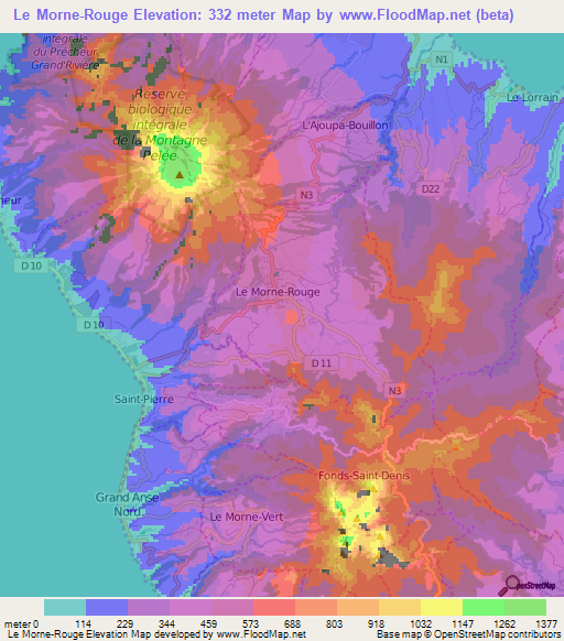 Le Morne-Rouge,Martinique Elevation Map