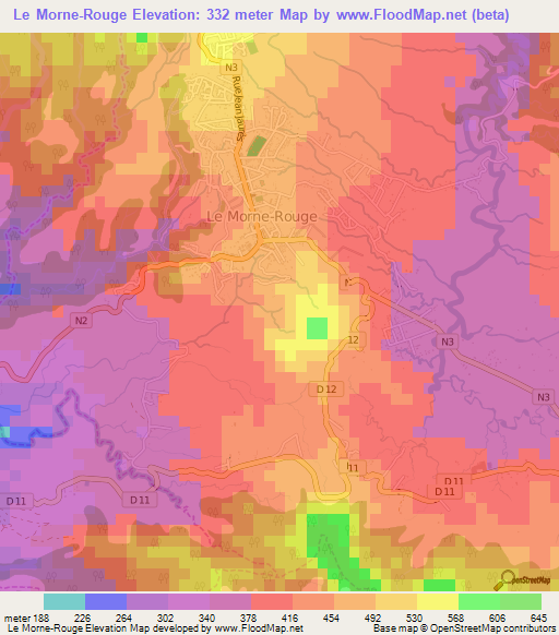 Le Morne-Rouge,Martinique Elevation Map