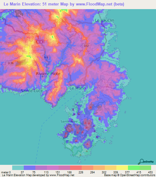 Le Marin,Martinique Elevation Map