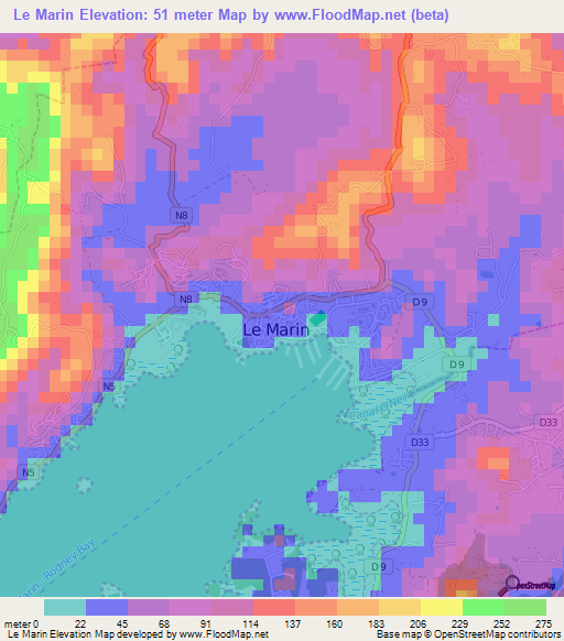 Le Marin,Martinique Elevation Map