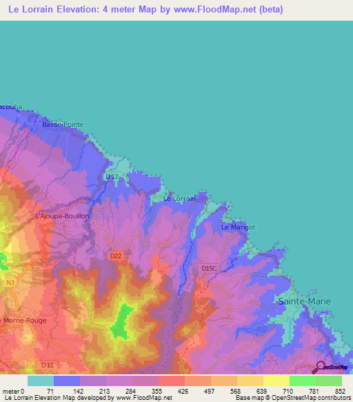 Le Lorrain,Martinique Elevation Map