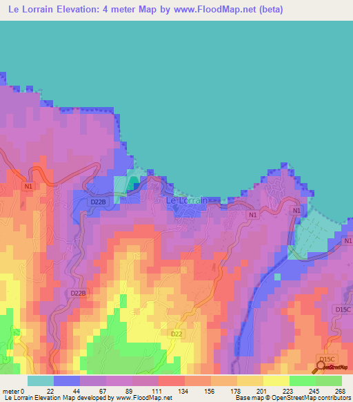 Le Lorrain,Martinique Elevation Map