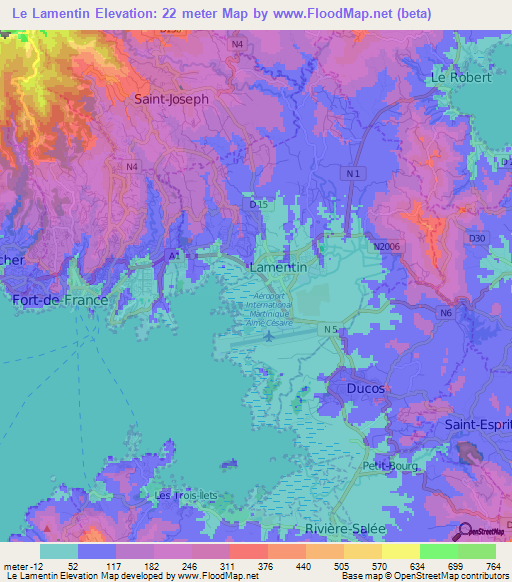 Le Lamentin,Martinique Elevation Map