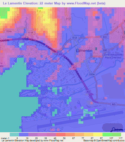 Le Lamentin,Martinique Elevation Map