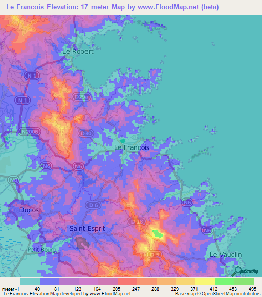 Le Francois,Martinique Elevation Map
