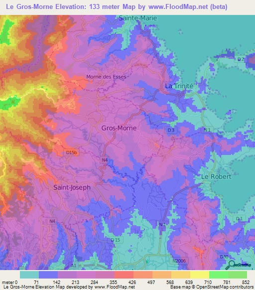 Le Gros-Morne,Martinique Elevation Map