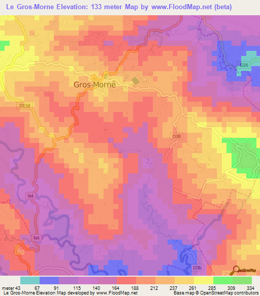 Le Gros-Morne,Martinique Elevation Map