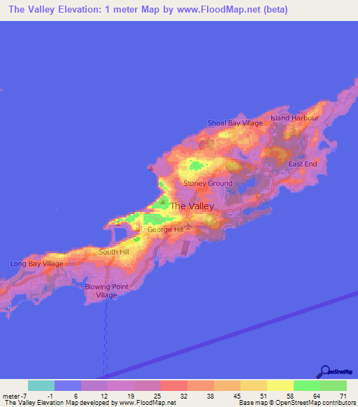 The Valley,Anguilla Elevation Map