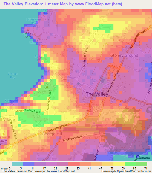 The Valley,Anguilla Elevation Map