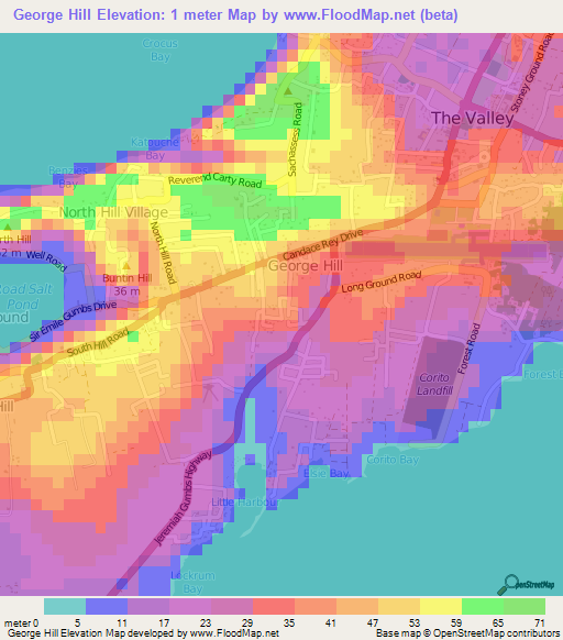 George Hill,Anguilla Elevation Map