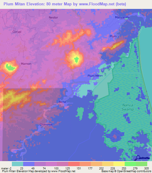 Plum Mitan,Trinidad and Tobago Elevation Map