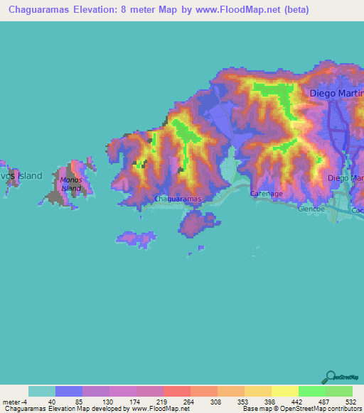 Chaguaramas,Trinidad and Tobago Elevation Map