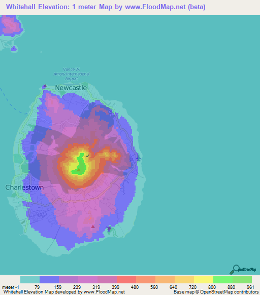 Whitehall,Saint Kitts and Nevis Elevation Map