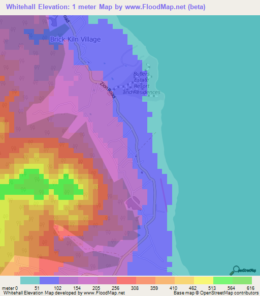 Whitehall,Saint Kitts and Nevis Elevation Map