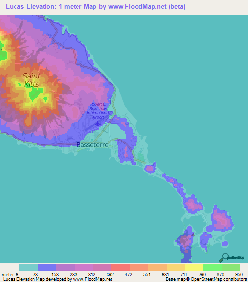 Lucas,Saint Kitts and Nevis Elevation Map