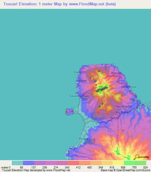 Toucari,Dominica Elevation Map