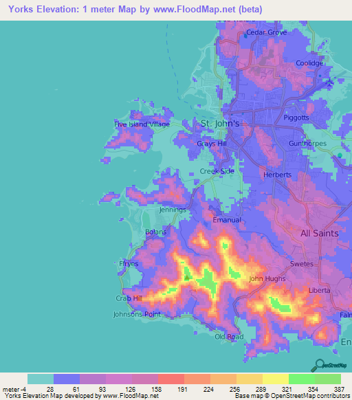 Yorks,Antigua and Barbuda Elevation Map