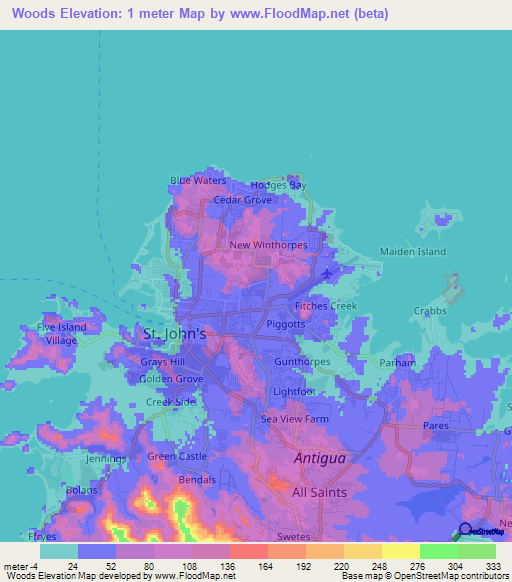 Woods,Antigua and Barbuda Elevation Map