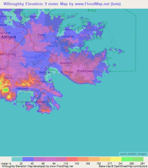 Willoughby,Antigua and Barbuda Elevation Map