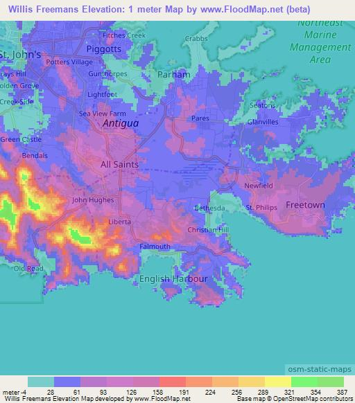Willis Freemans,Antigua and Barbuda Elevation Map