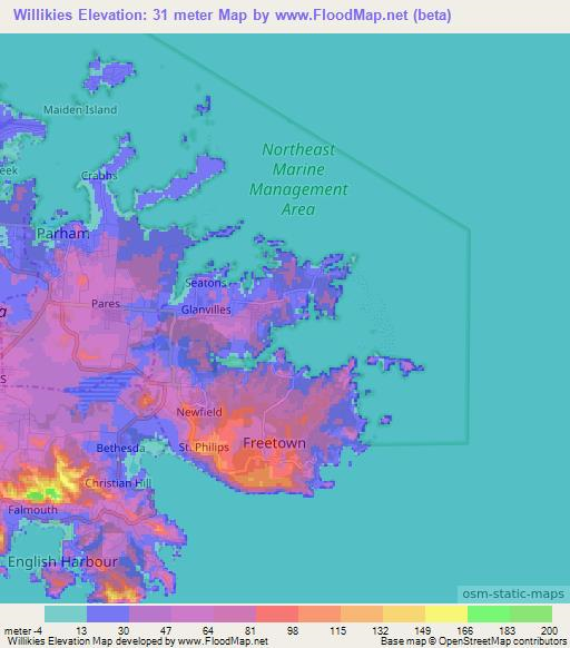 Willikies,Antigua and Barbuda Elevation Map