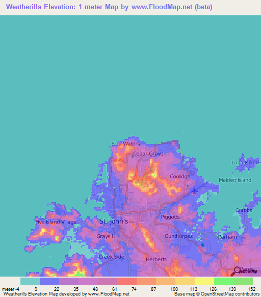 Weatherills,Antigua and Barbuda Elevation Map