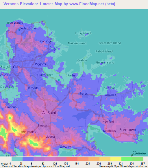 Vernons,Antigua and Barbuda Elevation Map