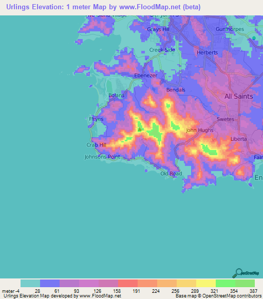 Urlings,Antigua and Barbuda Elevation Map