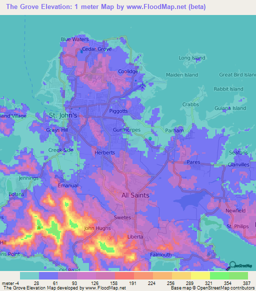 The Grove,Antigua and Barbuda Elevation Map