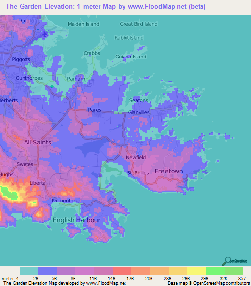 The Garden,Antigua and Barbuda Elevation Map